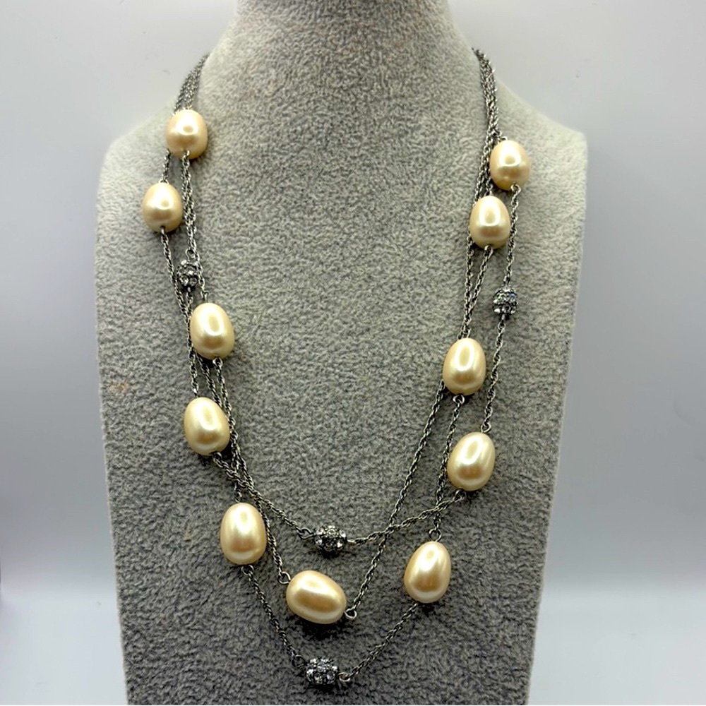 Vintage 90’s Monet Silver Necklace with Cream Potato Pearls & Rhinestones